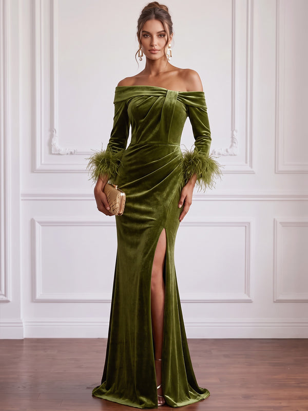 Mermaid Velvet Evening Gown Floor Length Off The Shoulder Long Sleeves Ruched With Feather Fur Side Slit Zipper Elegant Formal Dress Wedding Guest