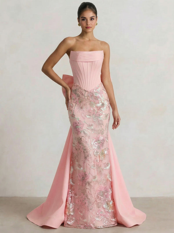 Mermaid Strapless Floral Long Prom Dress Basque Waist Corset Floral Dress With Beads&Sequins Ball Gowns with Detachable Overskirt Bow