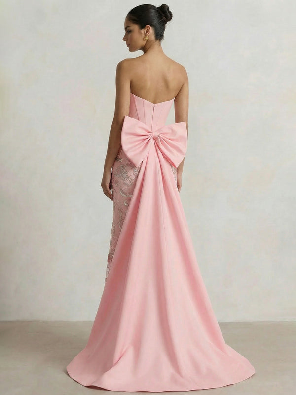 Mermaid Strapless Floral Long Prom Dress Basque Waist Corset Floral Dress With Beads&Sequins Ball Gowns with Detachable Overskirt Bow