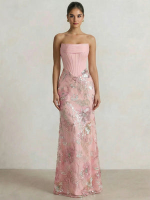 Mermaid Strapless Floral Long Prom Dress Basque Waist Corset Floral Dress With Beads&Sequins Ball Gowns with Detachable Overskirt Bow