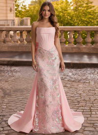 Mermaid Strapless Floral Long Prom Dress Basque Waist Corset Floral Dress With Beads&Sequins Ball Gowns with Detachable Overskirt Bow