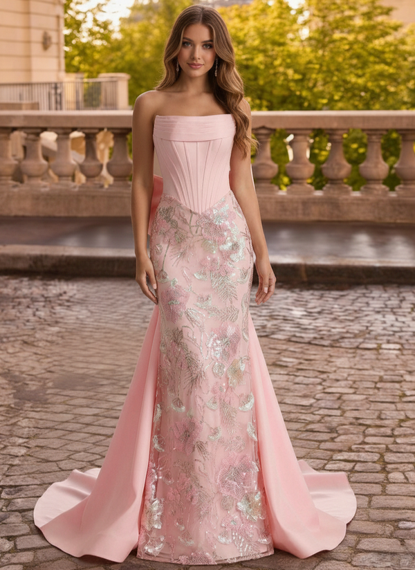 Mermaid Strapless Floral Long Prom Dress Basque Waist Corset Floral Dress With Beads&Sequins Ball Gowns with Detachable Overskirt Bow