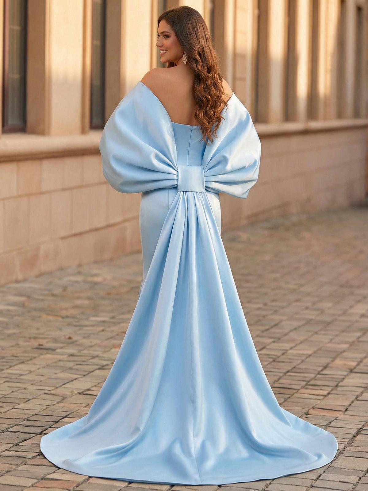 Sheath/Column Elegant Evening Dresses Satin Corset Off The Shoulder Floor-Length Formal Dress With Big Back Bowknot