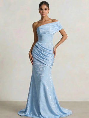 Mermaid Prom Dresses Jacquard One Shoulder Short Sleeve Floor-length Formal Floral Dress With Asymmetric Draped Panel