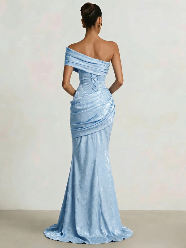 Mermaid Prom Dresses Jacquard One Shoulder Short Sleeve Floor-length Formal Floral Dress With Asymmetric Draped Panel