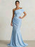 Mermaid Prom Dresses Jacquard One Shoulder Short Sleeve Floor-length Formal Floral Dress With Asymmetric Draped Panel