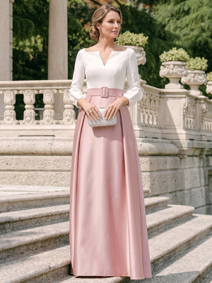 A-Line Mother of the Bridge Dresses Satin Wedding Guest Floor Length Three-quarter Sleeves V Neck With Sash ColorBlock