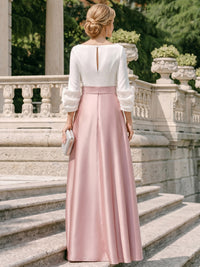 A-Line Mother Of The Bride Dresses Satin Wedding Guest Floor Length Three-quarter Sleeves V Neck With Sash ColorBlock