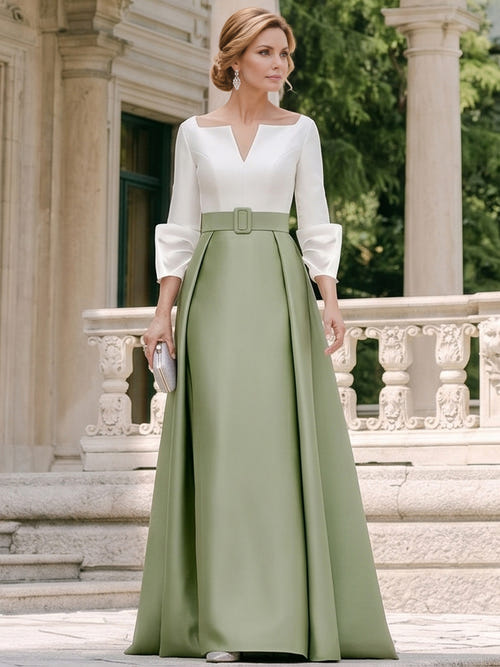 A-Line Mother of the Bridge Dresses Satin Wedding Guest Floor Length Three-quarter Sleeves V Neck With Sash ColorBlock