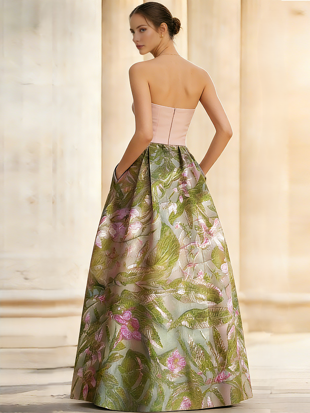 A-Line/Princesses Elegant Evening Dress Jacquard Floral Dress Strapless Elegant Dress Floor Length Pockets