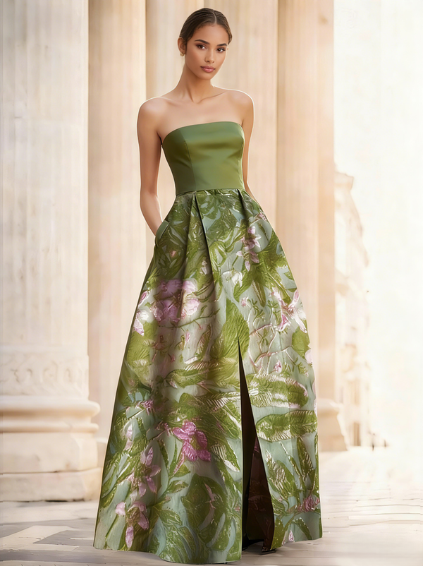 A-Line/Princesses Elegant Evening Dress Jacquard Floral Dress Strapless Elegant Dress Floor Length Pockets