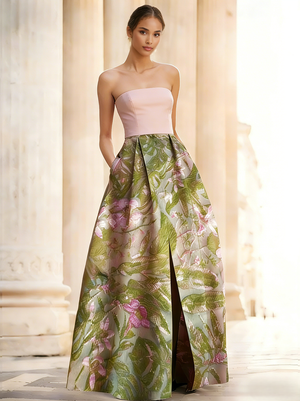 A-Line/Princesses Elegant Evening Dress Jacquard Floral Dress Strapless Elegant Dress Floor Length Pockets