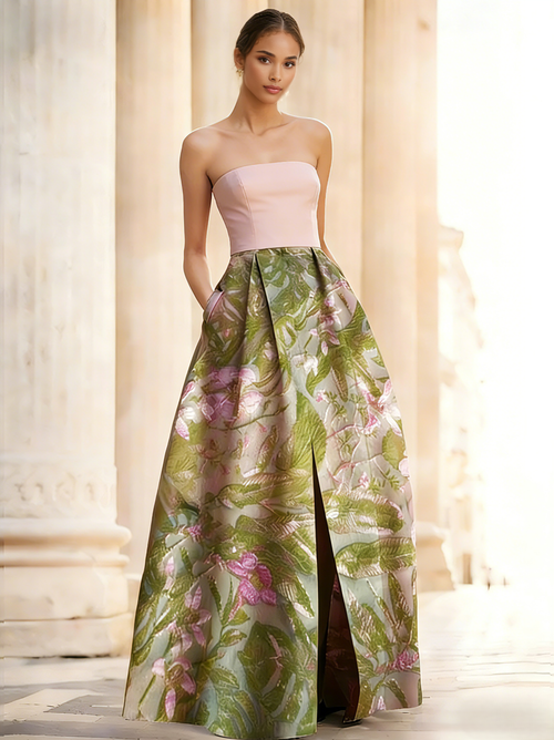 A-Line/Princesses Elegant Evening Dress Jacquard Floral Dress Strapless Elegant Dress Floor Length Pockets