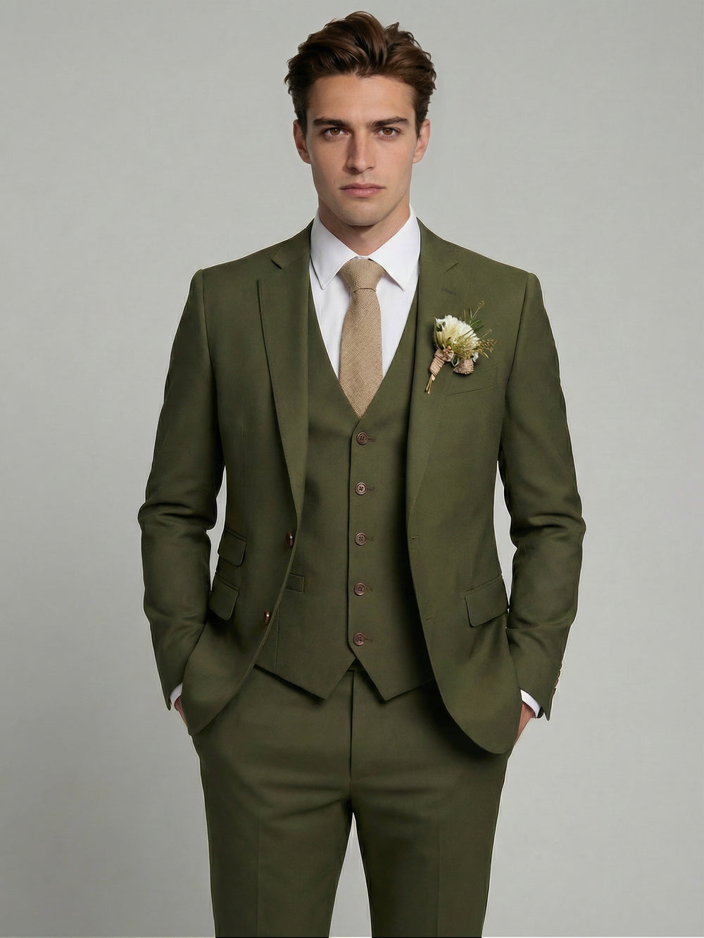 Men's Olive Green Linen-Blend Three-Piece Suit Slim Fit Single-Breasted Notched Lapel Formal Suits