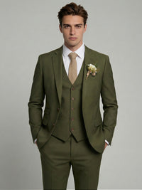Men's Olive Green Linen-Blend Three-Piece Suit Slim Fit Single-Breasted Notched Lapel Formal Suits