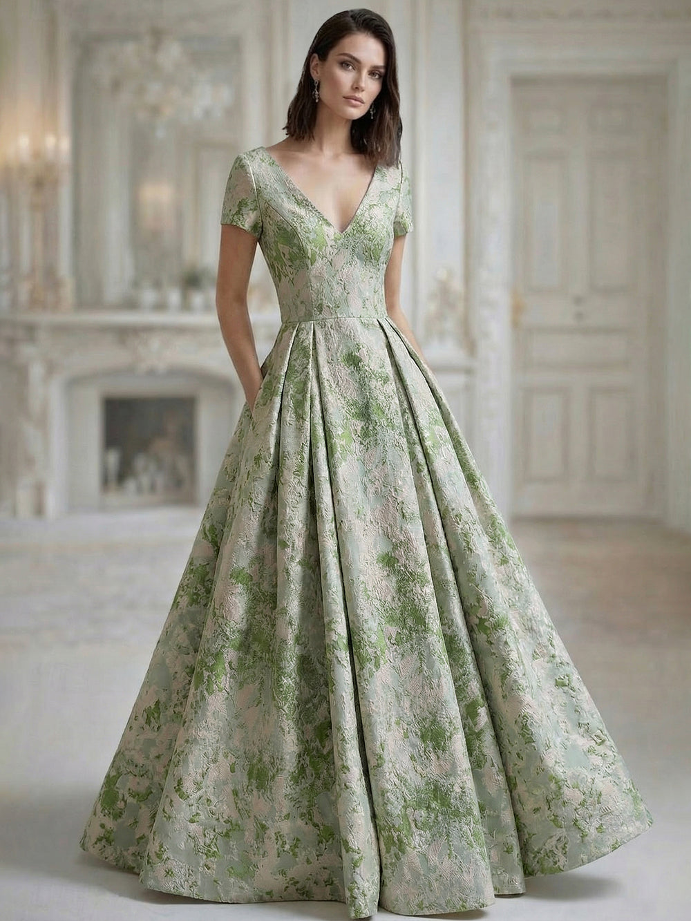 A-Line Evening Dress Elegant Jacquard Satin V Neck Floral Dress Floor Length Short Sleeves with Pocket Wedding Guest Dress