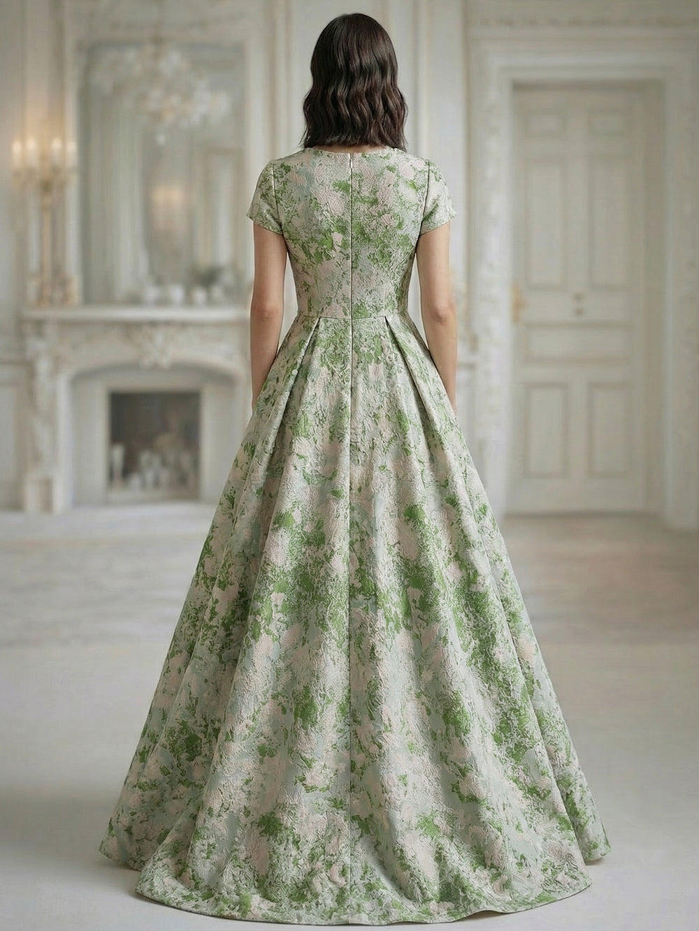 A-Line Evening Dress Elegant Jacquard Satin V Neck Floral Dress Floor Length Short Sleeves with Pocket Wedding Guest Dress