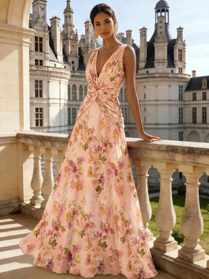 A-Line/Princesses Elegant Evening Floral Formal Dress Floor Length Sleeveless V Neck Evening Dress