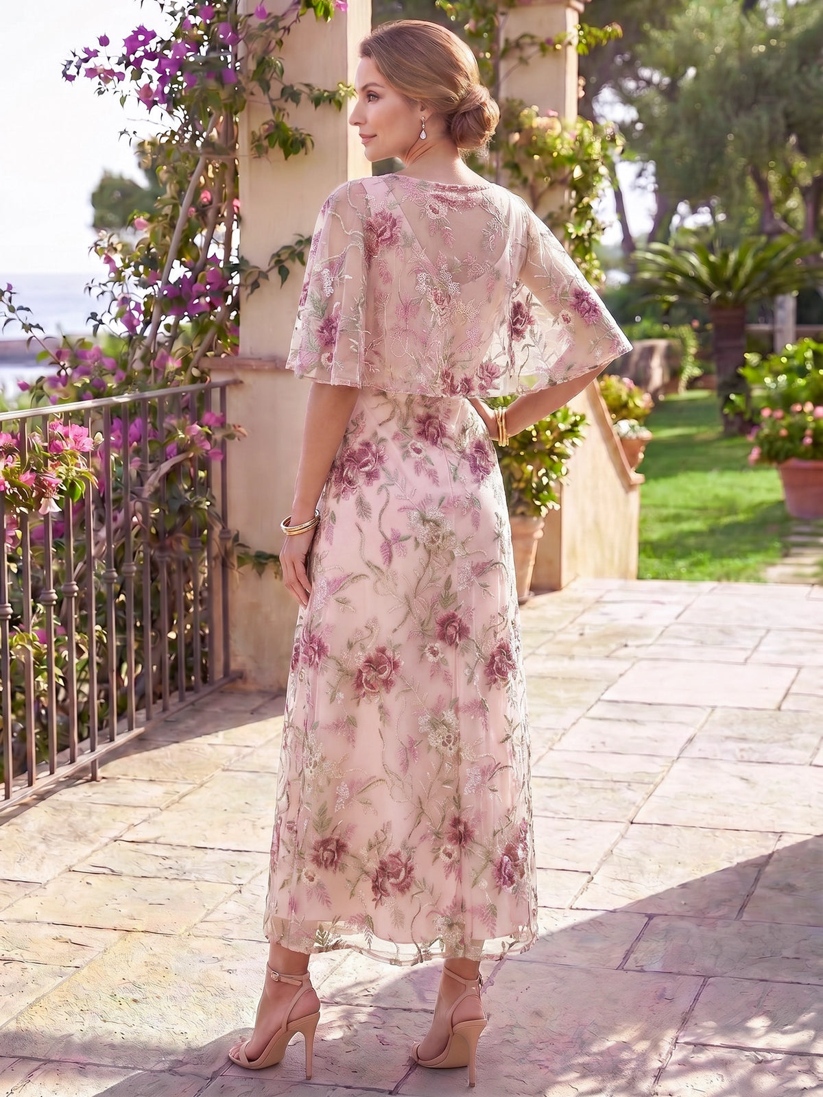 Sheath Mother Of The Bride Dresses Elegant Floral Embroidery Ankle-Length Bateau Neck 1/2 Sleeves With Cape