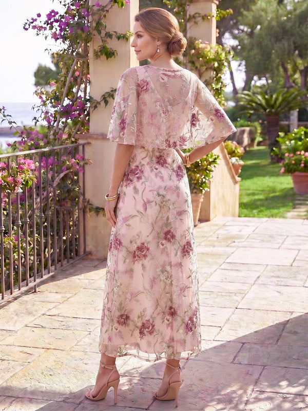 Sheath Mother Of The Bride Dresses Elegant Floral Embroidery Ankle-Length Bateau Neck 1/2 Sleeves With Cape