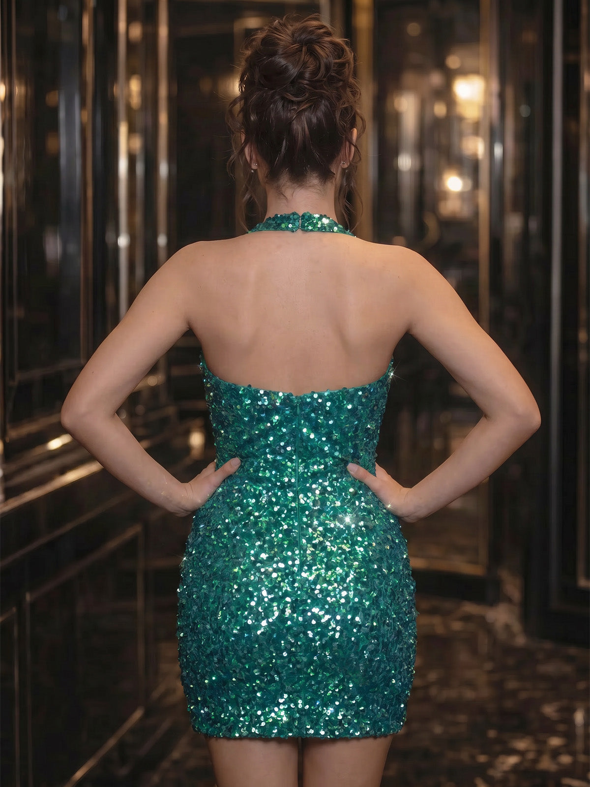 Sheath/Column Homecoming Dresses Sequins Halter Sleeveless Short Zipper Party Dresses