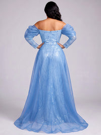 Sheath/Column Plus Size Evening Dresses Sequins Floor-Length Off-The-Shoulder Long Sleeves With Overskirt Ruched Zipper