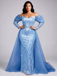 Sheath/Column Plus Size Evening Dresses Sequins Floor-Length Off-The-Shoulder Long Sleeves With Overskirt Ruched Zipper