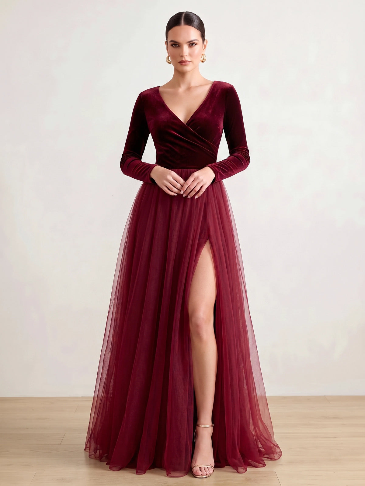 A-Line Velvet Evening Gown Floor Length Tulle V Neck Long Sleeves Elegant Formal Dress With High Slit