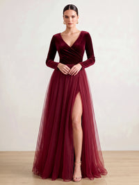 A-Line Velvet Evening Gown Floor Length Tulle V Neck Long Sleeves Elegant Formal Dress With High Slit