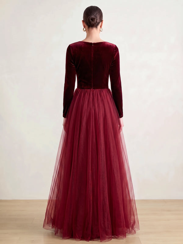 A-Line Velvet Evening Gown Floor Length Tulle V Neck Long Sleeves Elegant Formal Dress With High Slit