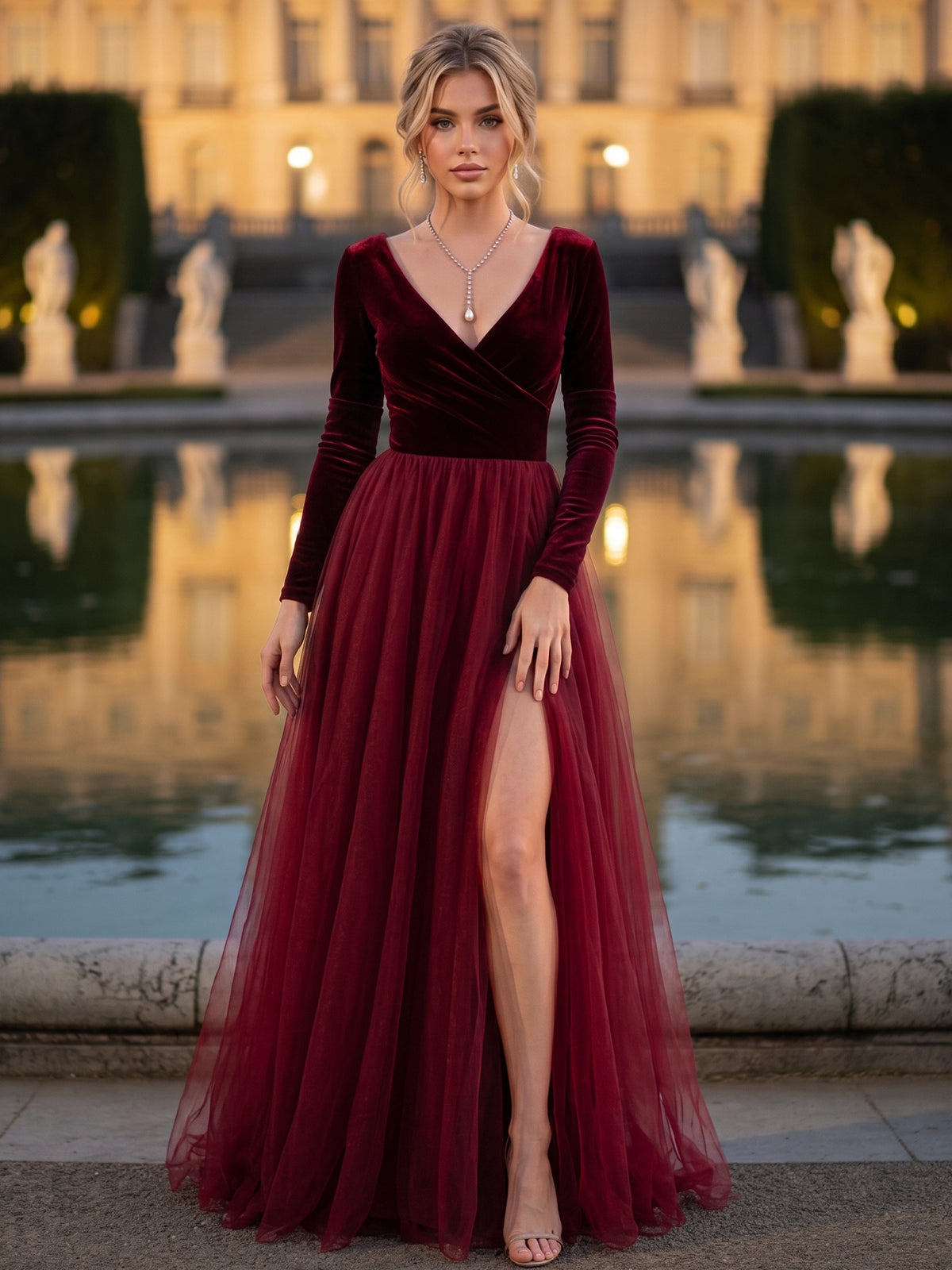 A-Line Velvet Evening Gown Floor Length Tulle V Neck Long Sleeves Elegant Formal Dress With High Slit