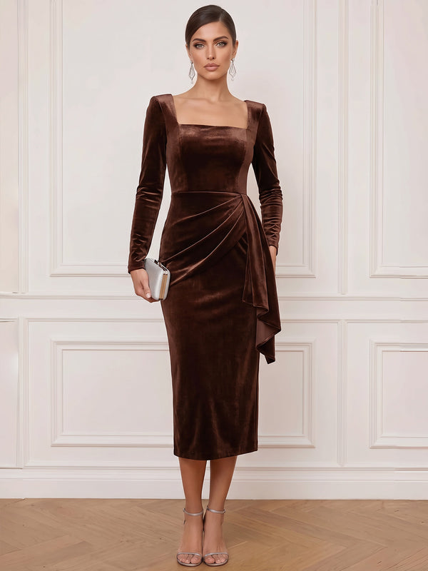 Sheath/Column Brown Velvet Cocktail Dress Square Neck Tea Length Ruched Side Draped Zipper Long Sleeves Elegant Formal Wedding Guest Dress