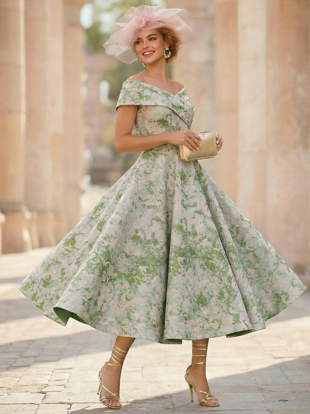 A-Line Cocktail Dress Elegant Jacquard Floral Dress Off The Shoulder Tea Length Short Sleeves with Pocket Wedding Guest Dress