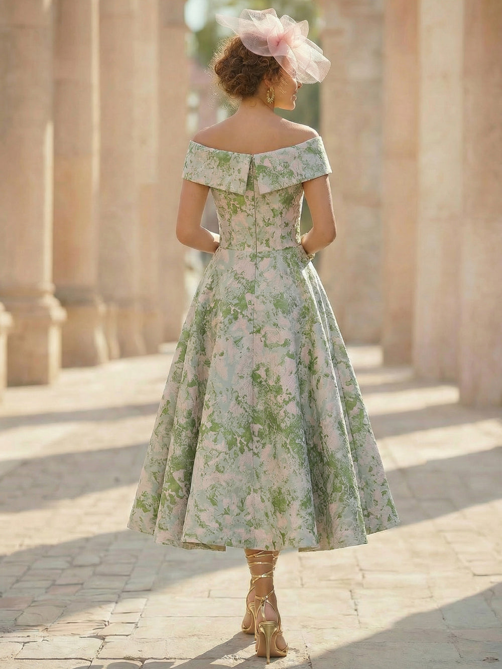 A-Line Cocktail Dress Elegant Jacquard Floral Dress Off The Shoulder Tea Length Short Sleeves with Pocket Wedding Guest Dress