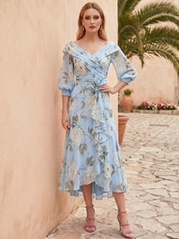 Sheath/Column Elegant Cocktail Floral Formal Dress Tea Length Long Sleeves V Neck with Corset