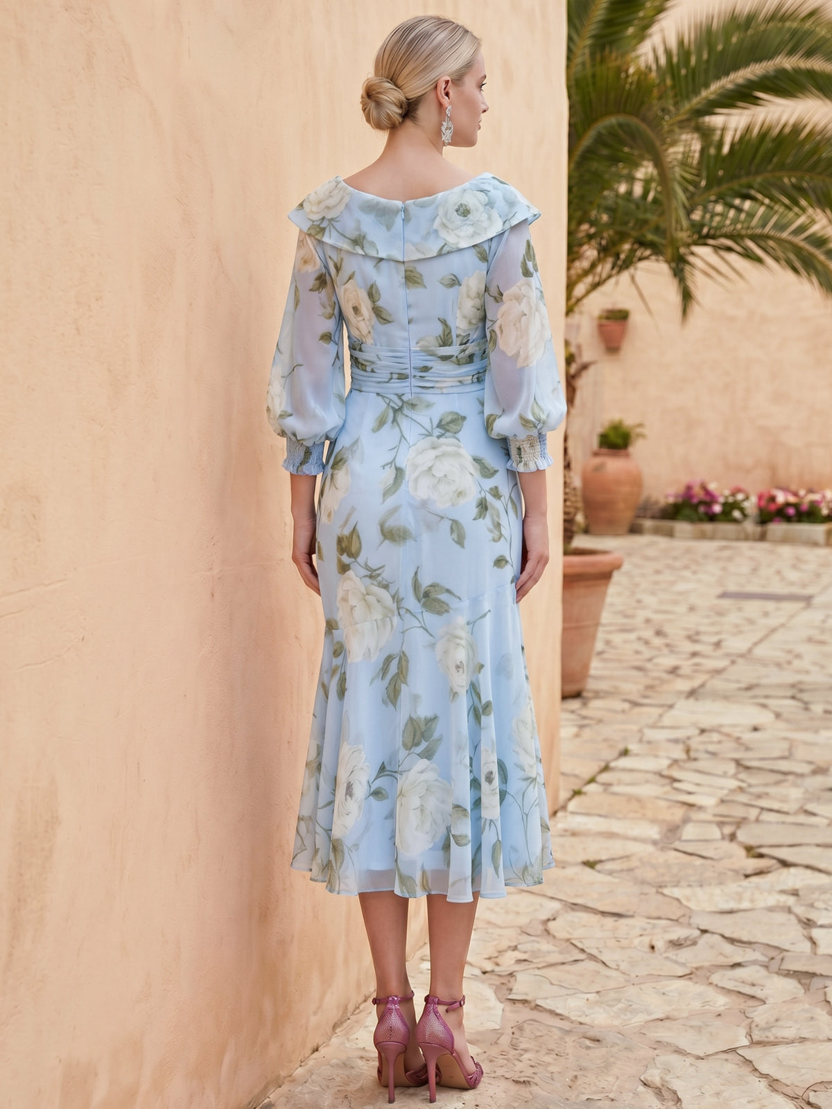 Sheath/Column Elegant Cocktail Floral Formal Dress Tea Length Long Sleeves V Neck with Corset