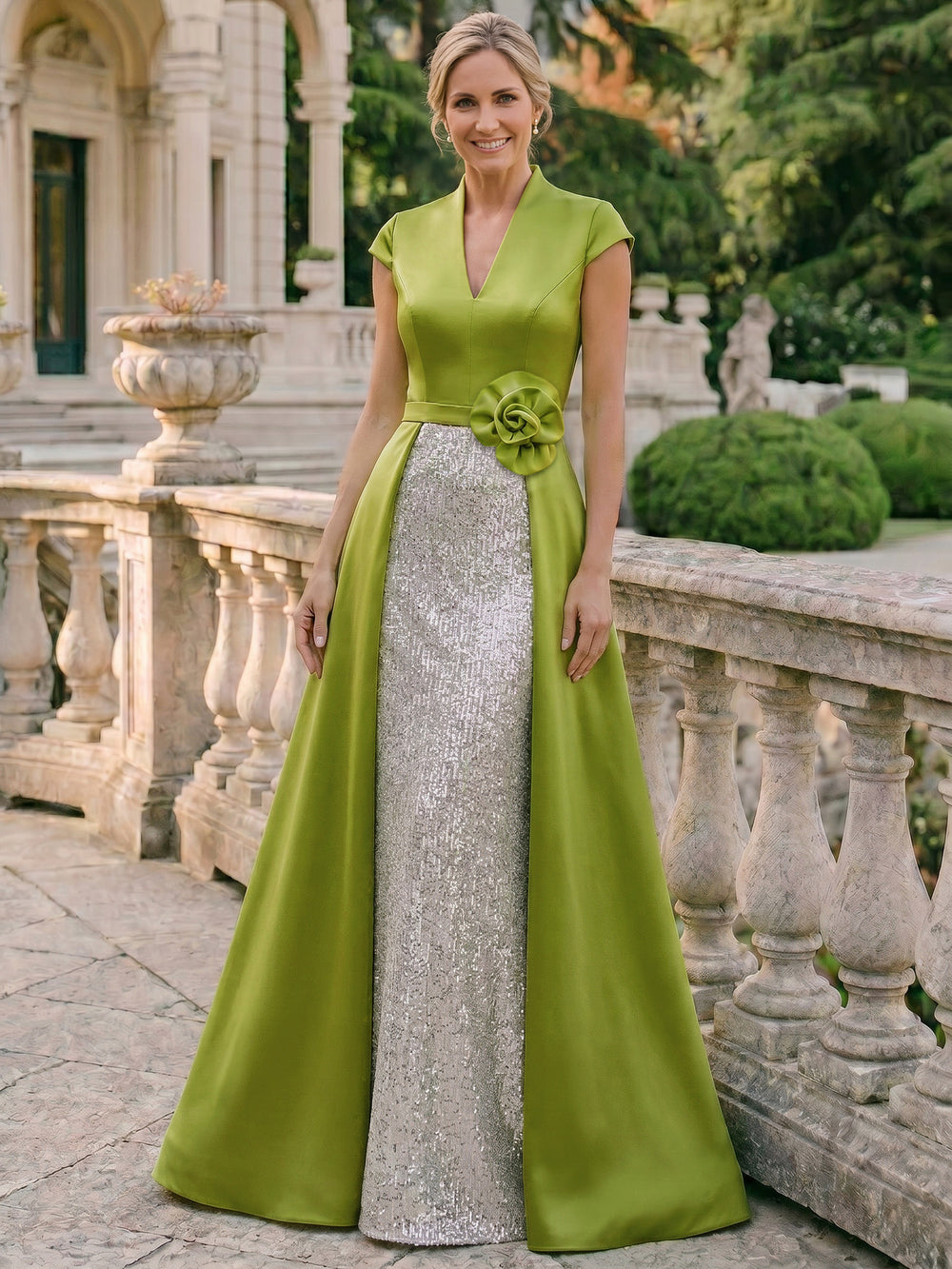 A-Line Mother Of The Bride Dresses Elegant Formal Gown Flowers Sequins Floor Length Short Sleeves V-Neck