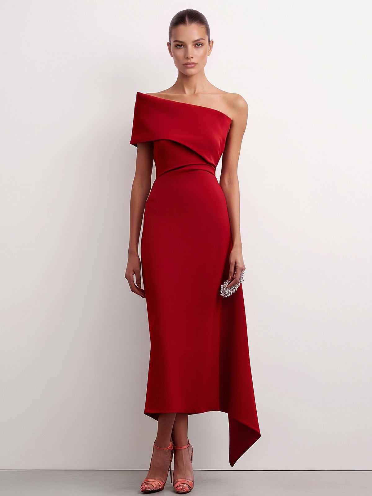 Sheath/Column Formal Dresses Satin One-Shoulder Sleeveless Ankle-Length Formal Dresses With Slit