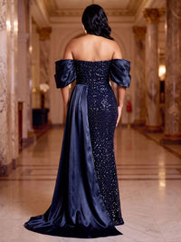 Mermaid Plus Size Evening Dresses Sequins Floor-Length Off-The-Shoulder Short Sleeves With Side Drape Zipper