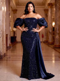 Mermaid Plus Size Evening Dresses Sequins Floor-Length Off-The-Shoulder Short Sleeves With Side Drape Zipper