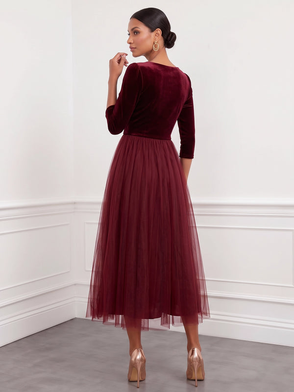 A-Line Velvet Cocktail Tea Length Tulle V Neck Long Sleeves Elegant Burgundy Wedding Guest Formal Dress