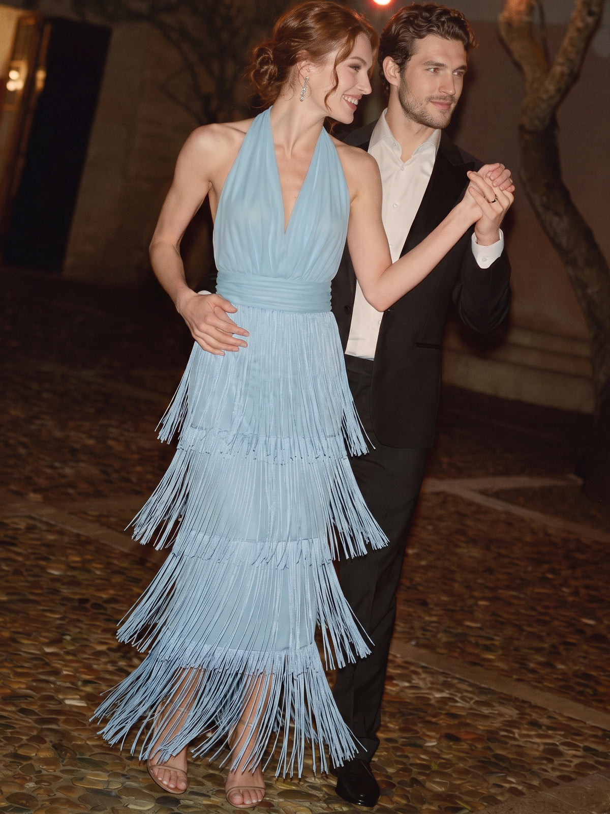 Sheath/Column Party Formal Finged Dress Evening Dresses Halter V Neck Formal Wedding Ankle Length Party Dress