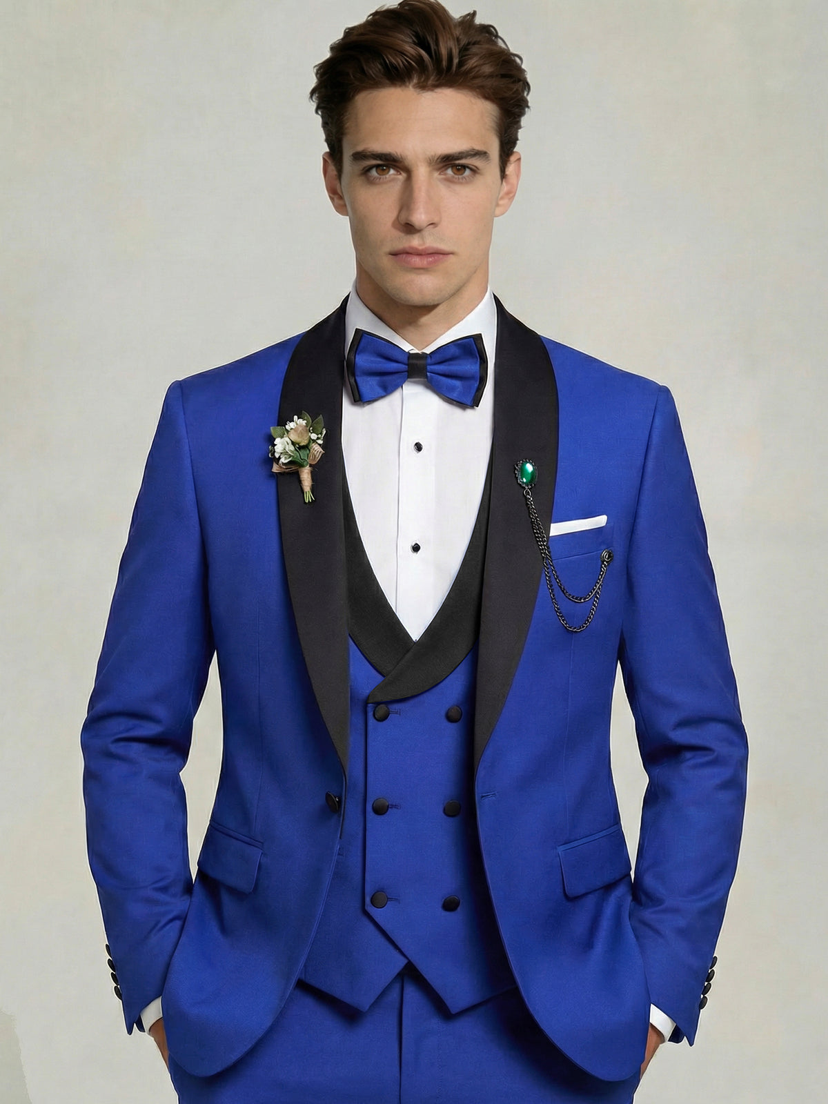 Men's 3-Piece Tuxedo Shawl Collar Double Breasted Vest Prom Suits with Bow Tie Wedding Party
