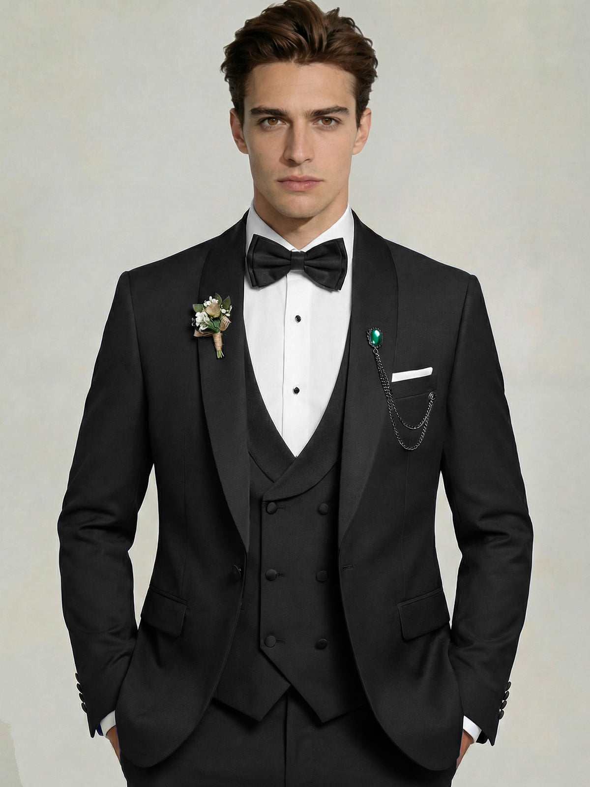 Men's 3-Piece Tuxedo Shawl Collar Double Breasted Vest Prom Suits with Bow Tie Wedding Party