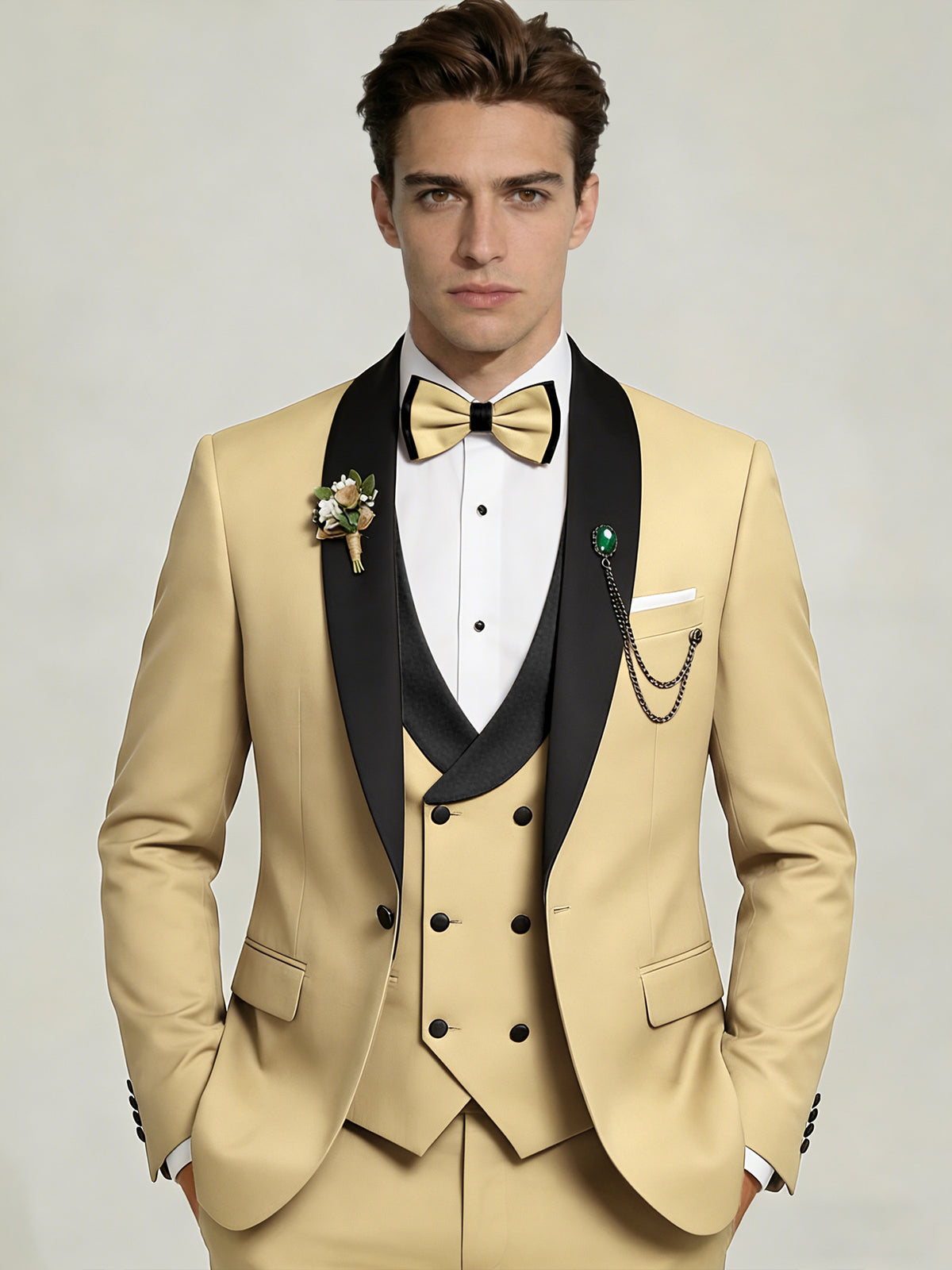 Men's 3-Piece Tuxedo Shawl Collar Double Breasted Vest Prom Suits with Bow Tie Wedding Party