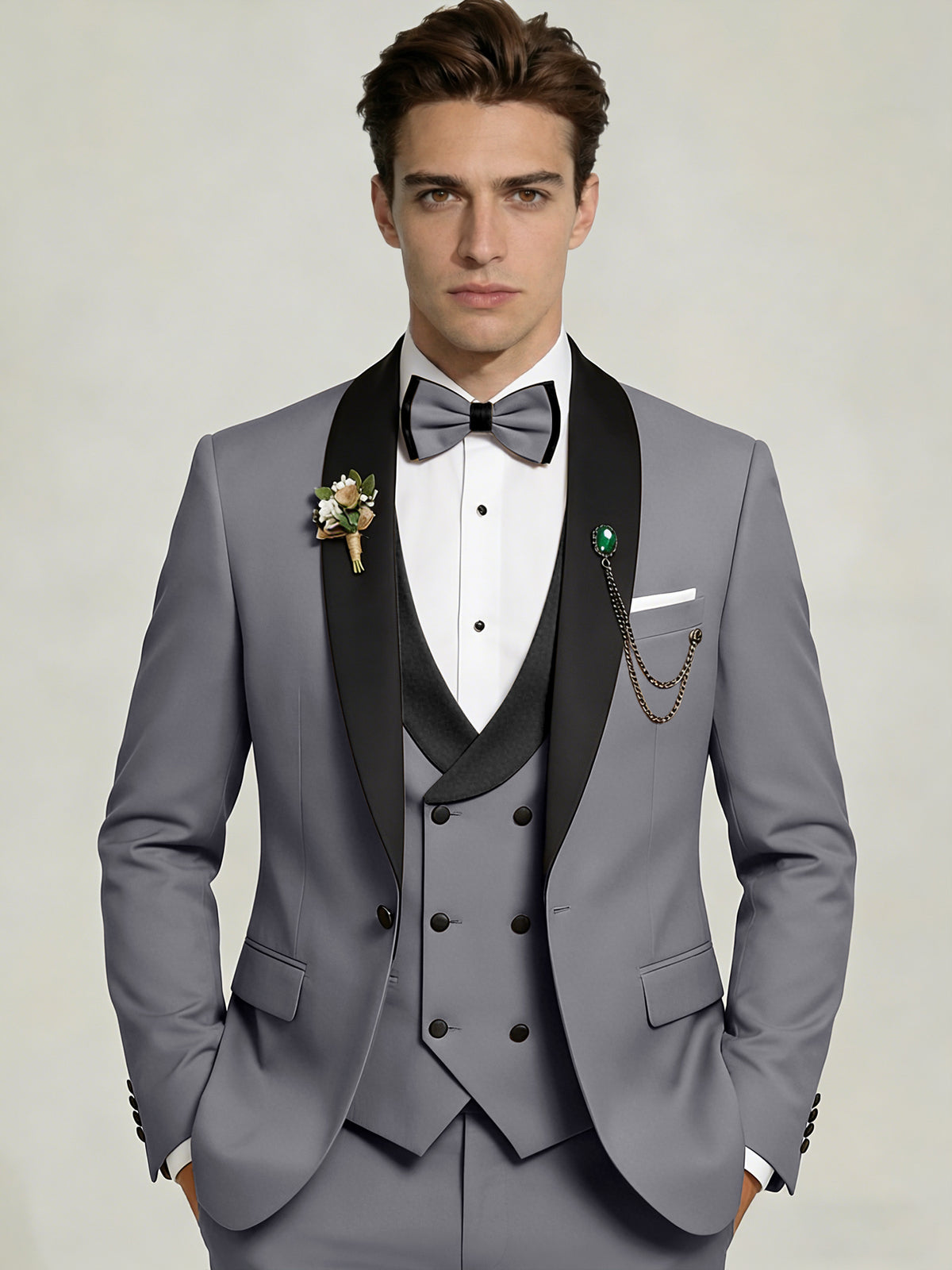 Men's 3-Piece Tuxedo Shawl Collar Double Breasted Vest Prom Suits with Bow Tie Wedding Party