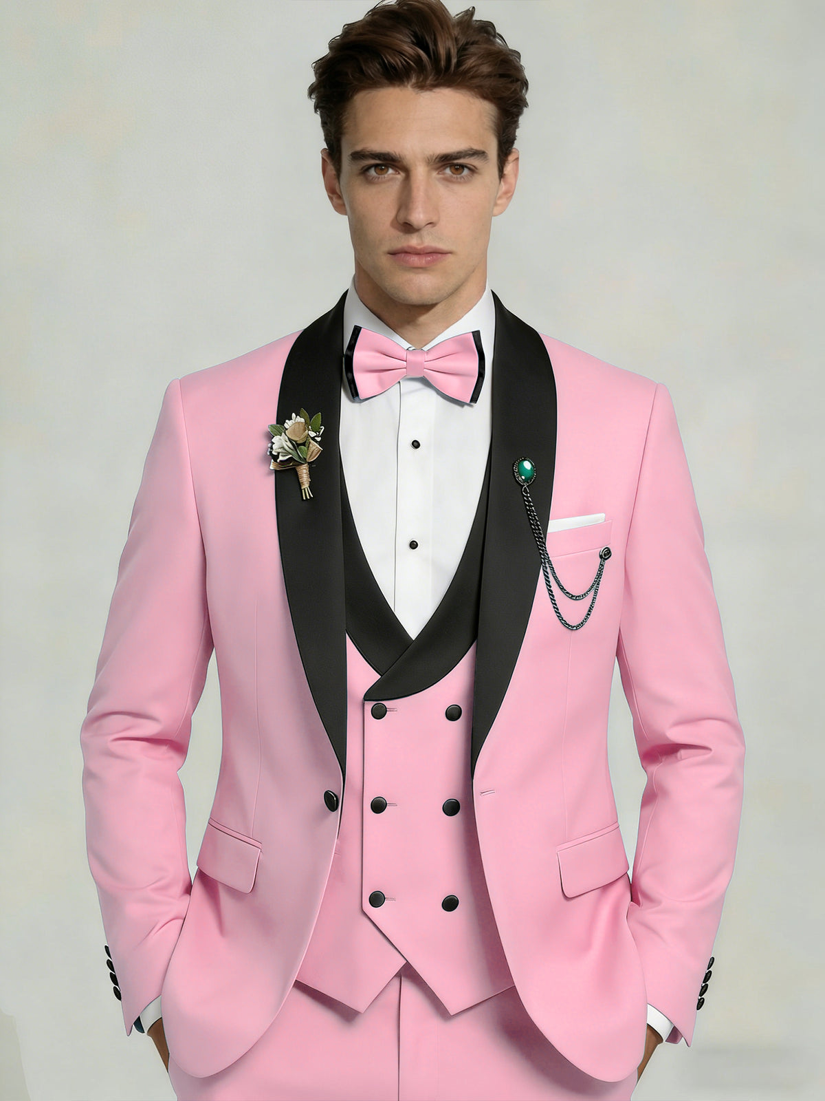 Men's 3-Piece Tuxedo Shawl Collar Double Breasted Vest Prom Suits with Bow Tie Wedding Party