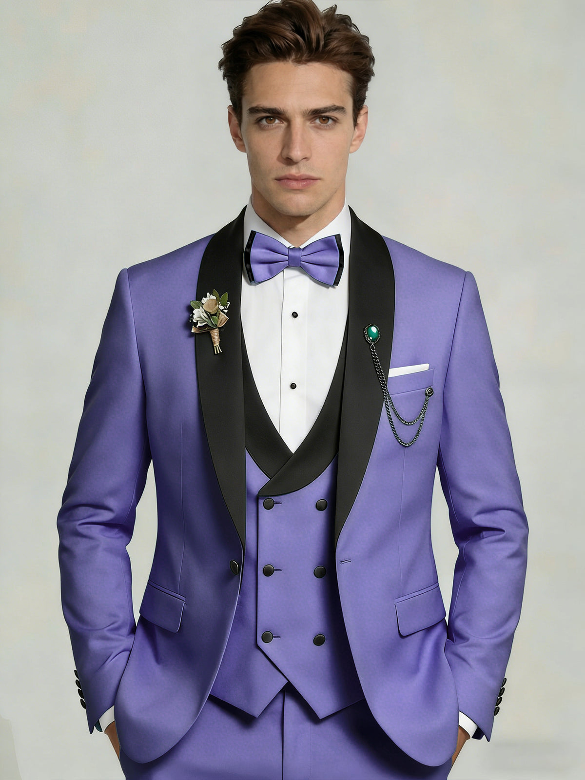 Men's 3-Piece Tuxedo Shawl Collar Double Breasted Vest Prom Suits with Bow Tie Wedding Party