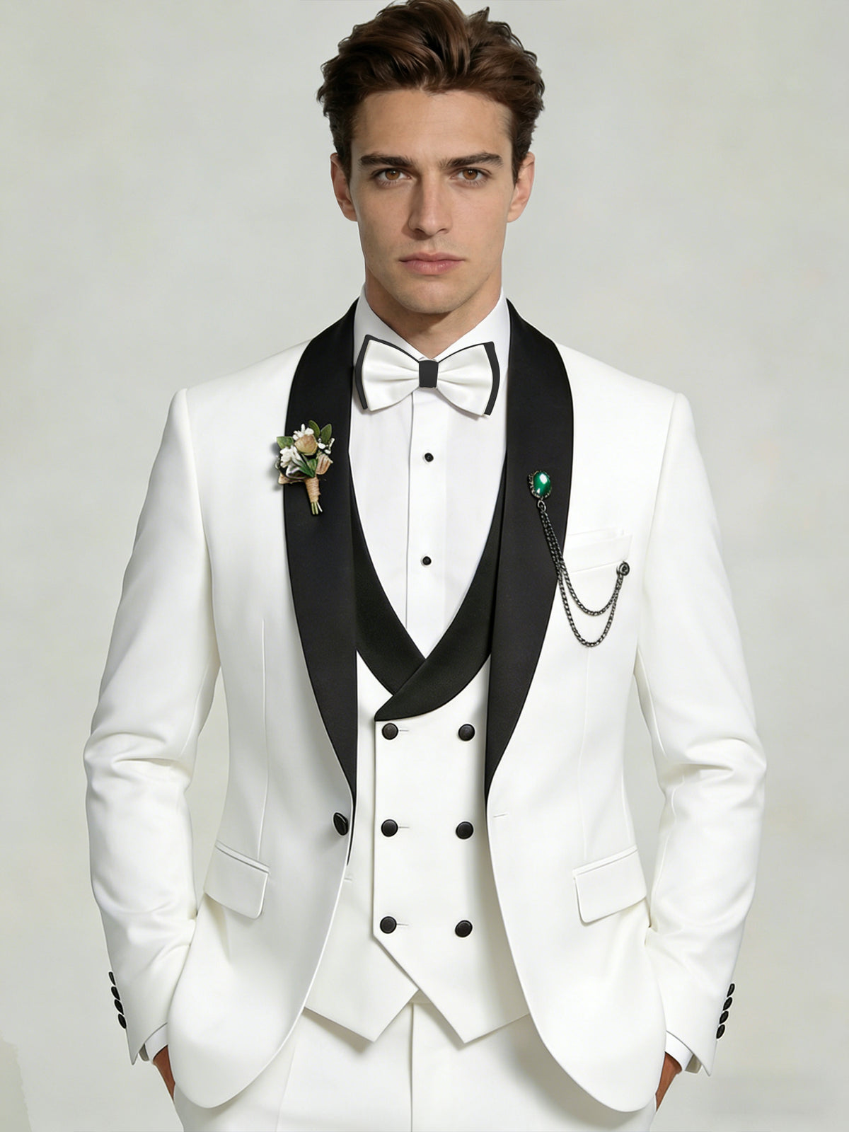Men's 3-Piece Tuxedo Shawl Collar Double Breasted Vest Prom Suits with Bow Tie Wedding Party