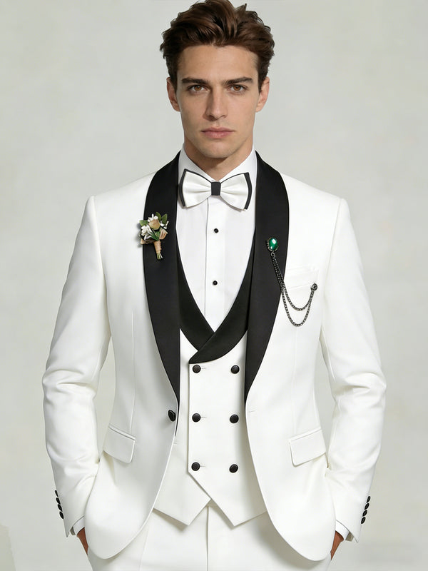Men's 3-Piece Tuxedo Shawl Collar Double Breasted Vest Prom Suits with Bow Tie Wedding Party